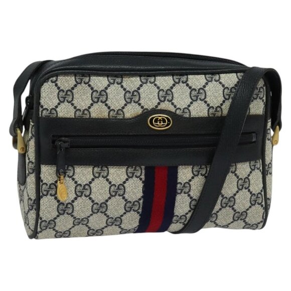 GUCCI GG Supreme Sherry Line Shoulder Bag PVC Navy Gold Red Auth 138452 - Picture 1 of 16